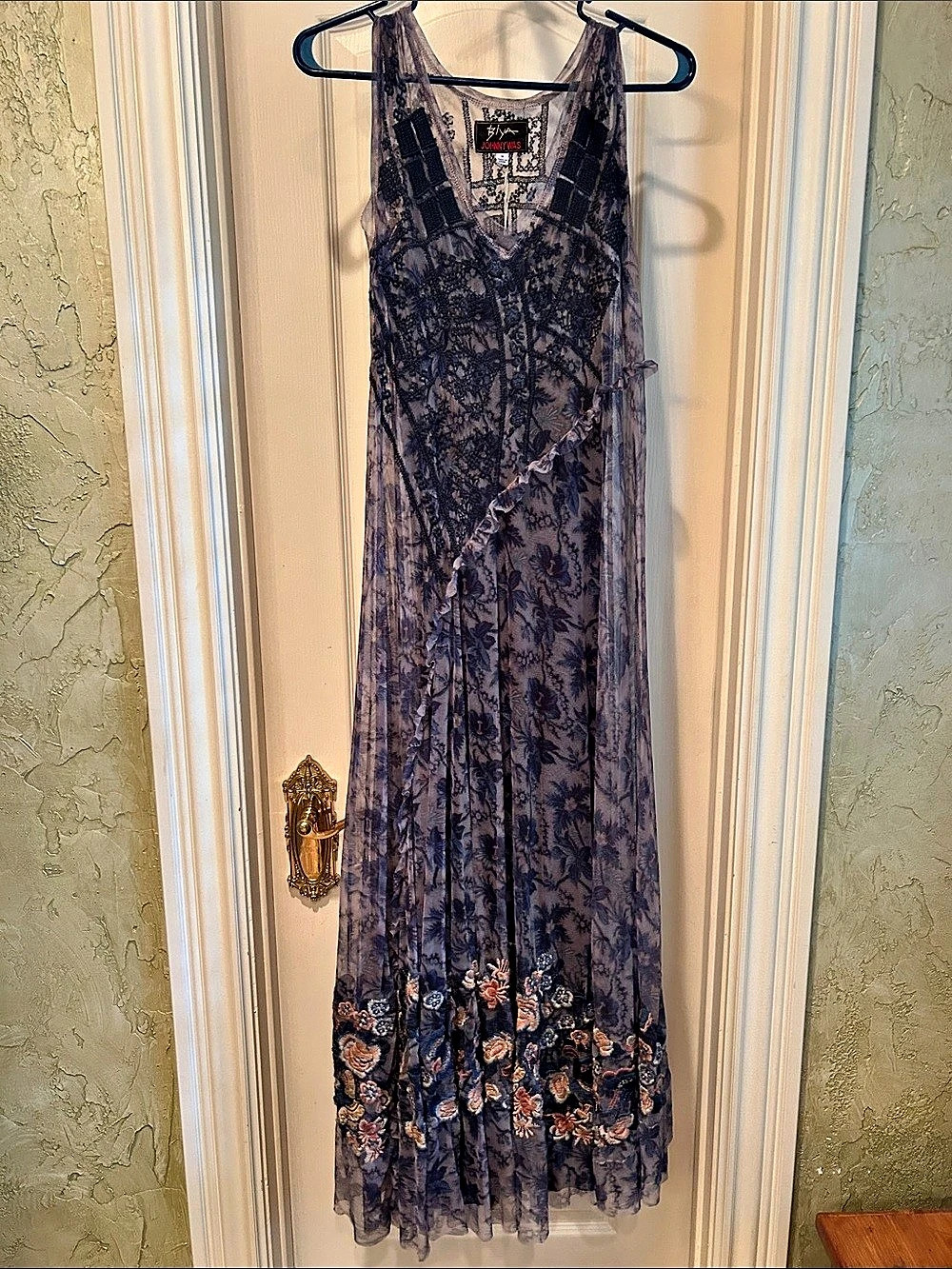 Johnny Was Doryn Mesh Dress Floral Maxi Blue & Gray Medium